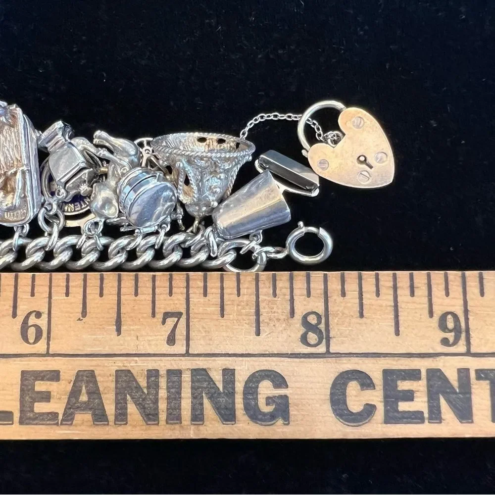 VINTAGE CHARM BRACELET HEART LOCKET TRAVEL 60s 70s STERLING SILVER 925 124G EVC